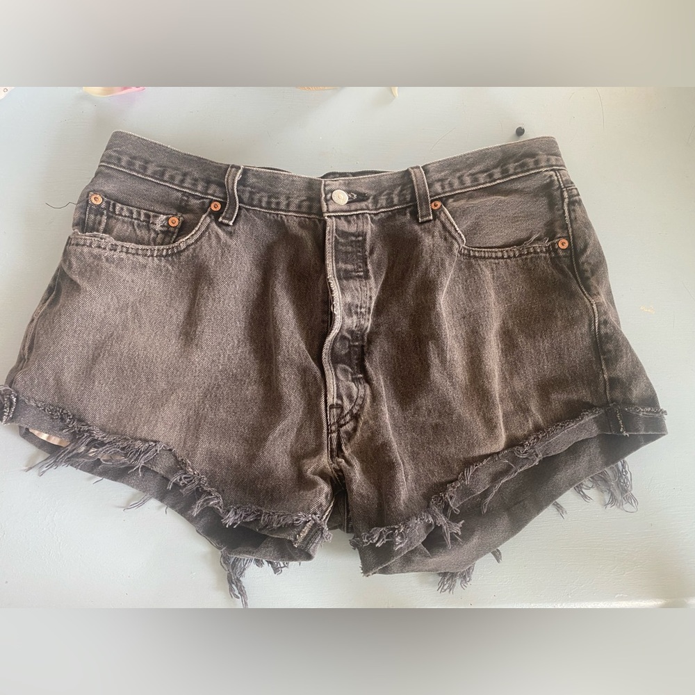 Grey light washed Levi’s 501 High Waisted Shorts